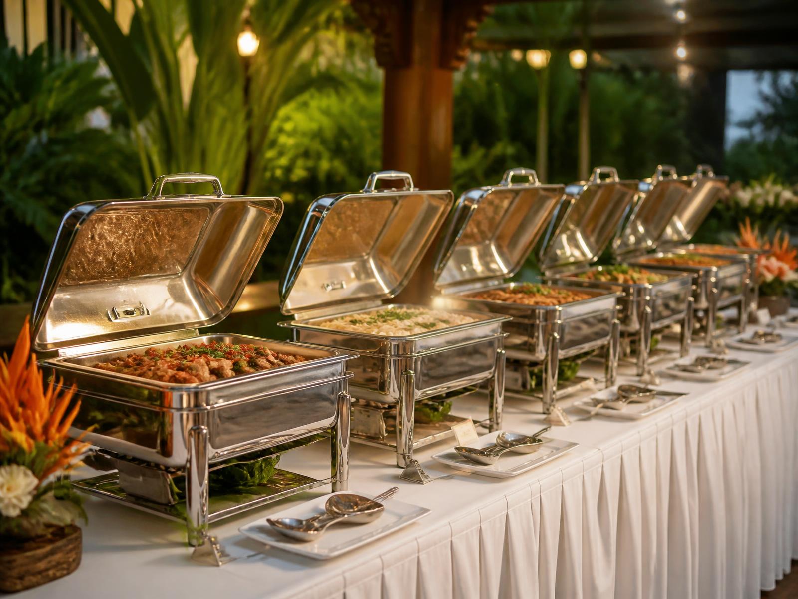 Row of polished chafing dishes on a linen-draped buffet line at a Mawimbi Jiko event