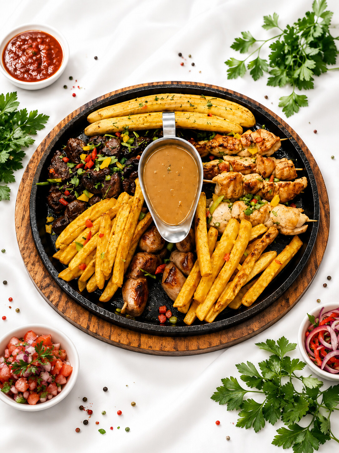 Mawimbi Jiko sharing platter with grilled chicken skewers, sausages, fried plantain, fries and kachumbari