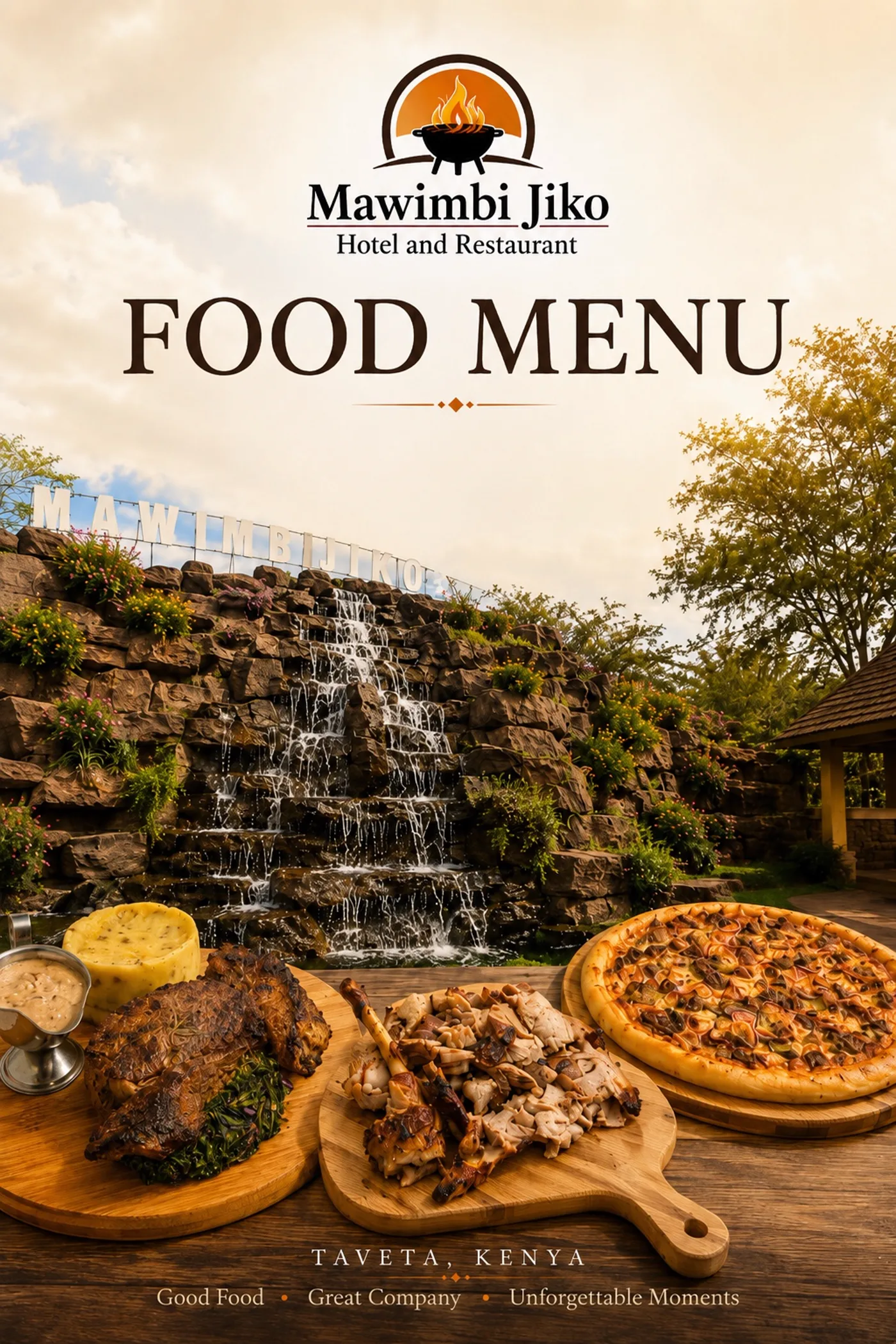 Mawimbi Jiko food menu cover with the waterfall terrace and grilled platters