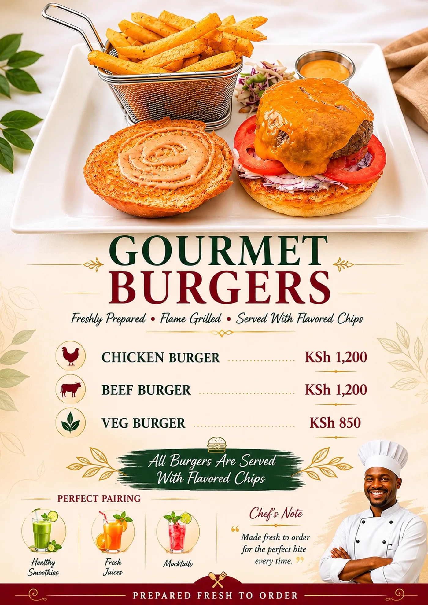 Gourmet burgers page with chicken, beef and veg burgers served with flavoured chips