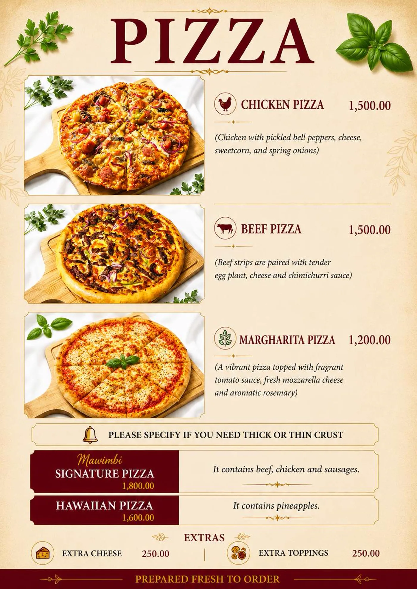 Pizza page with chicken, beef, margharita, signature and Hawaiian pizzas