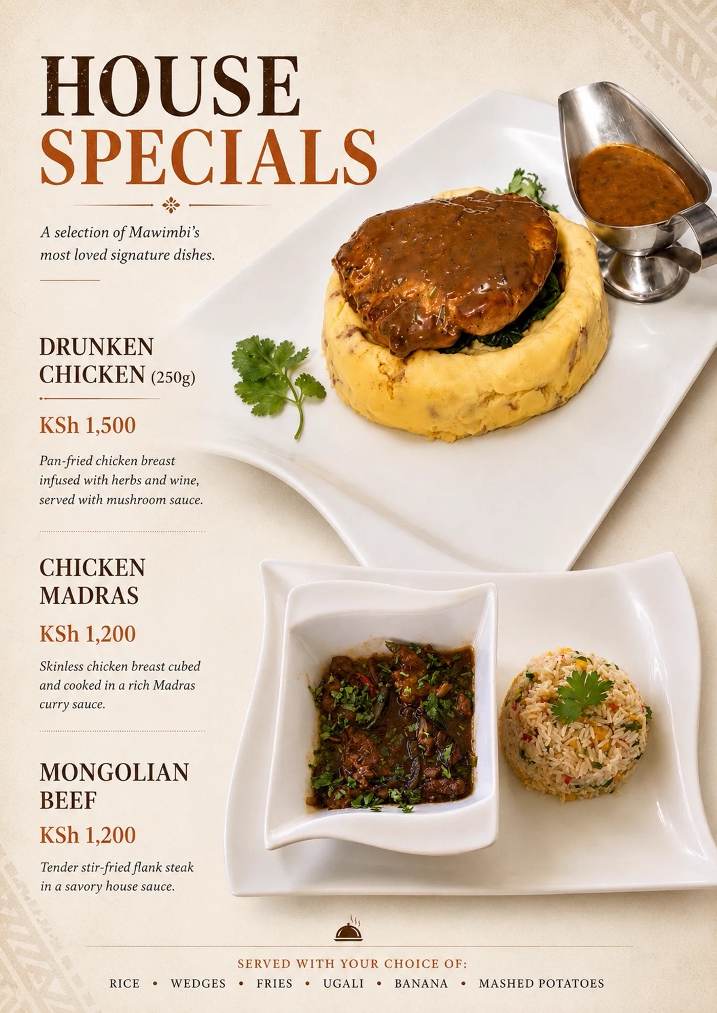 House specials page with drunken chicken, chicken Madras and Mongolian beef
