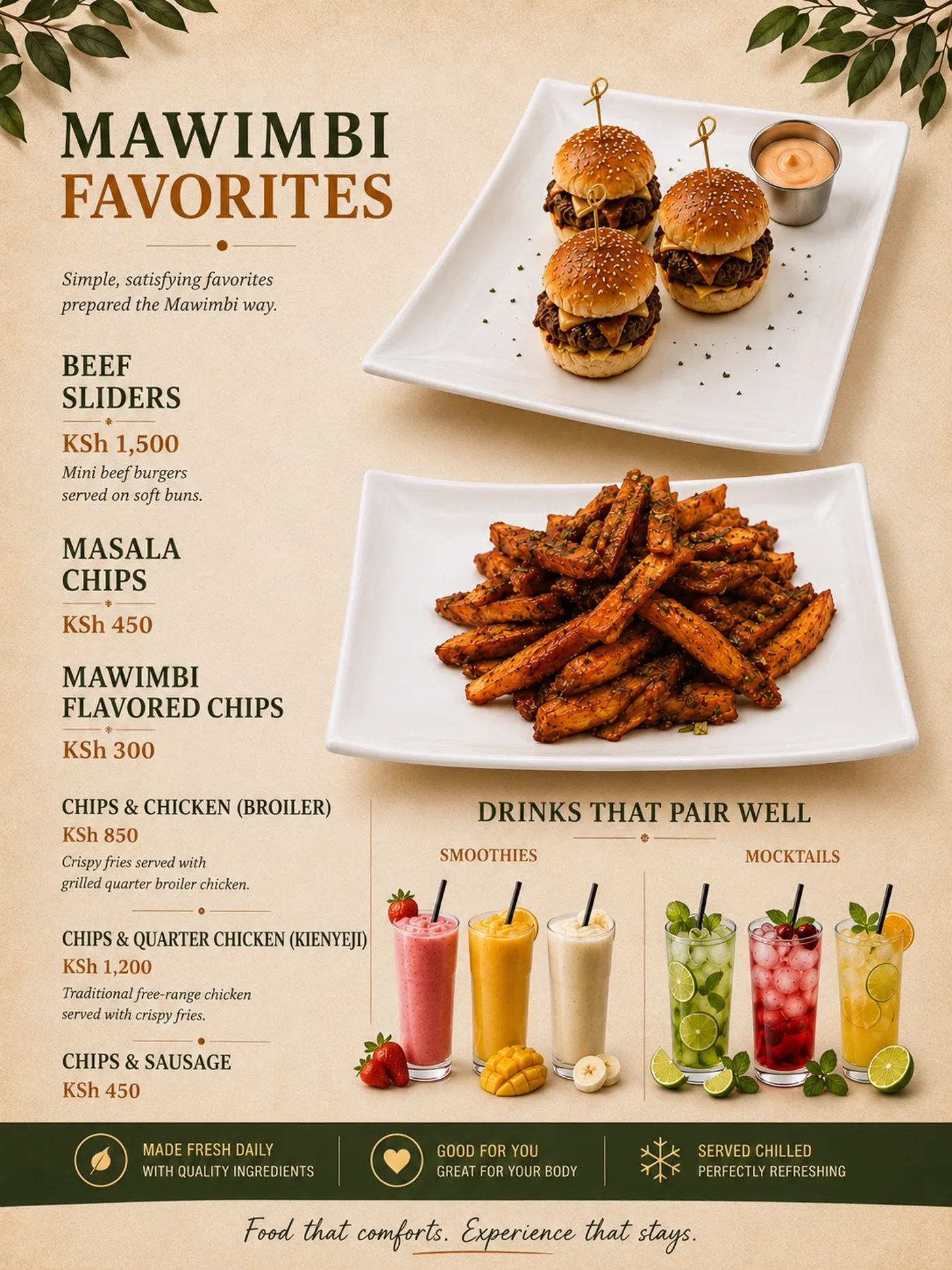 Mawimbi favourites page with beef sliders, masala chips and flavoured chips