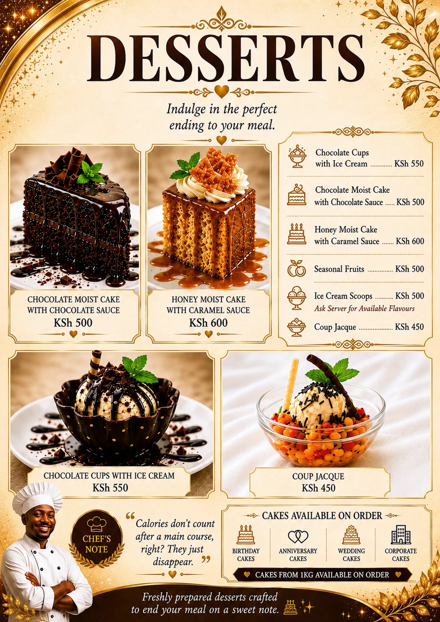 Desserts page with chocolate moist cake, honey moist cake and coup jacque
