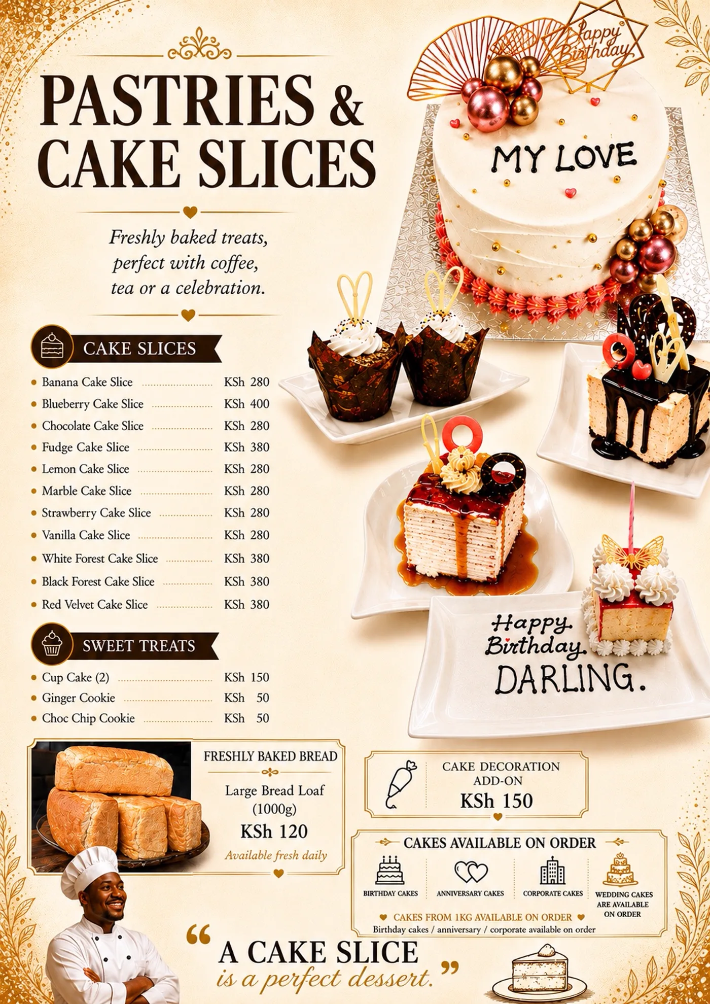 Pastries and cake slices page with celebration cakes and sweet treats