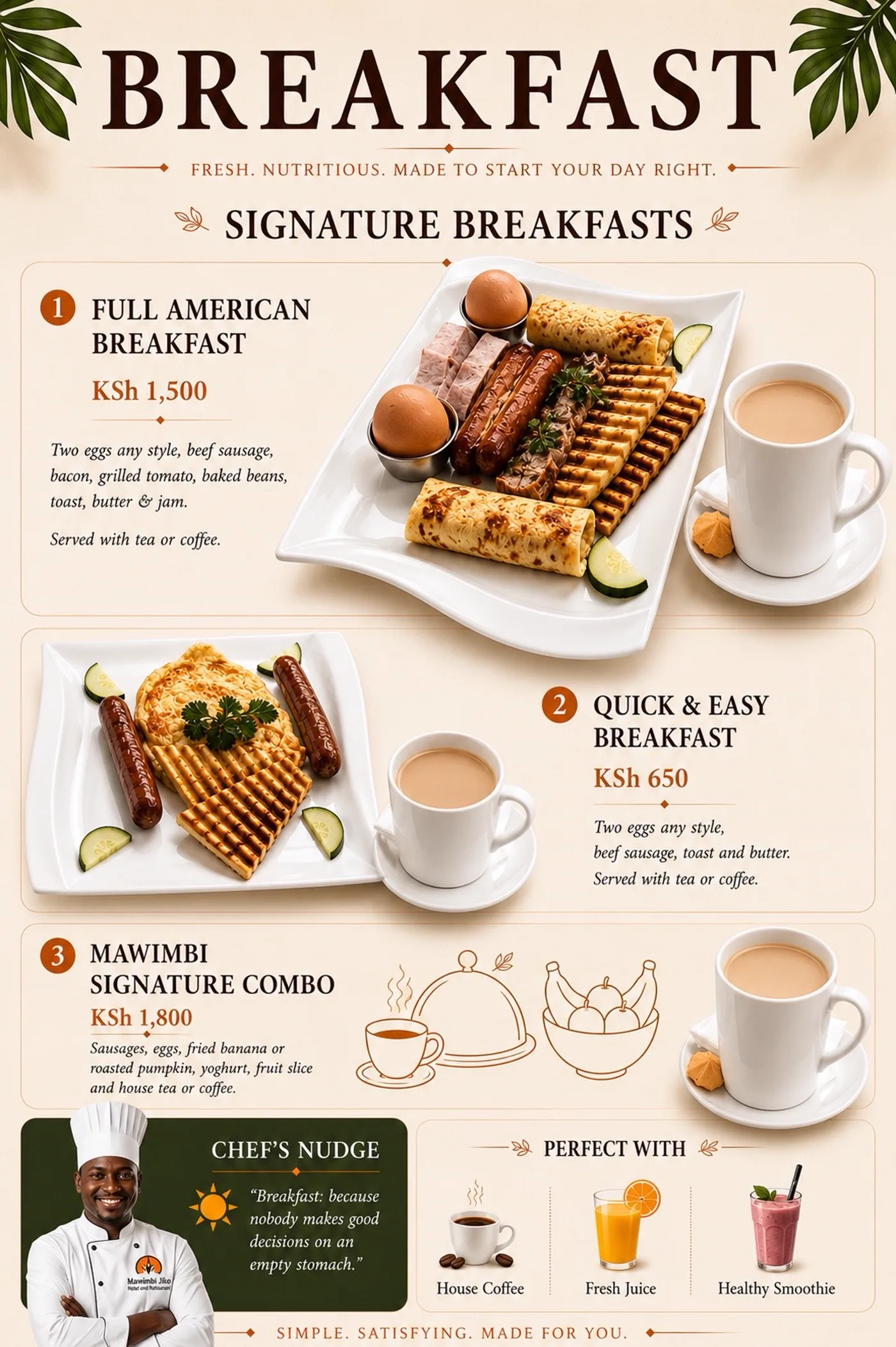 Signature breakfasts menu page showing the full American breakfast and Mawimbi signature combo