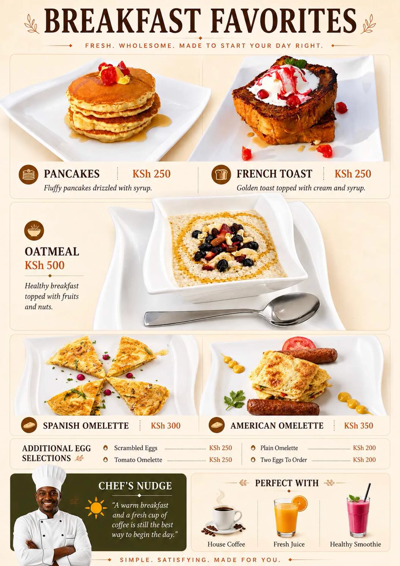Breakfast favourites menu page with pancakes, French toast, oatmeal and omelettes