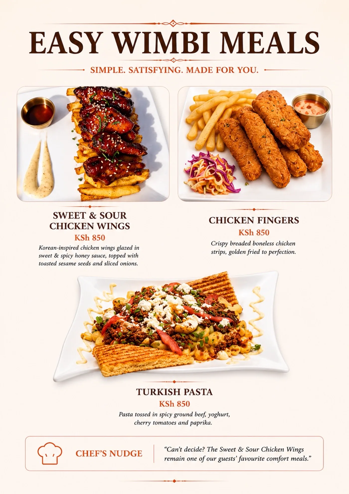 Easy Wimbi meals page with sweet and sour chicken wings, chicken fingers and Turkish pasta