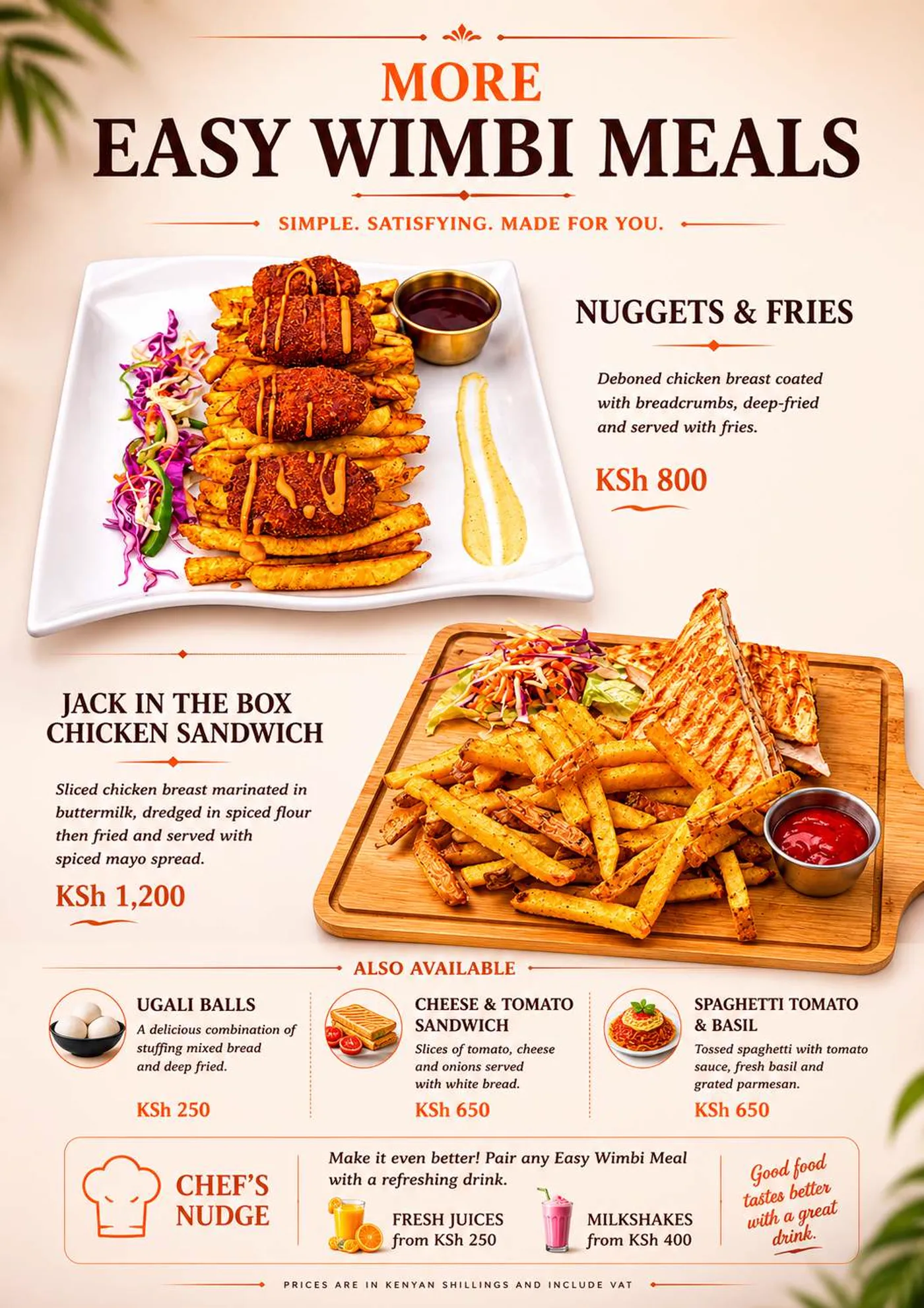 More Easy Wimbi meals page with nuggets and fries and the Jack in the Box chicken sandwich