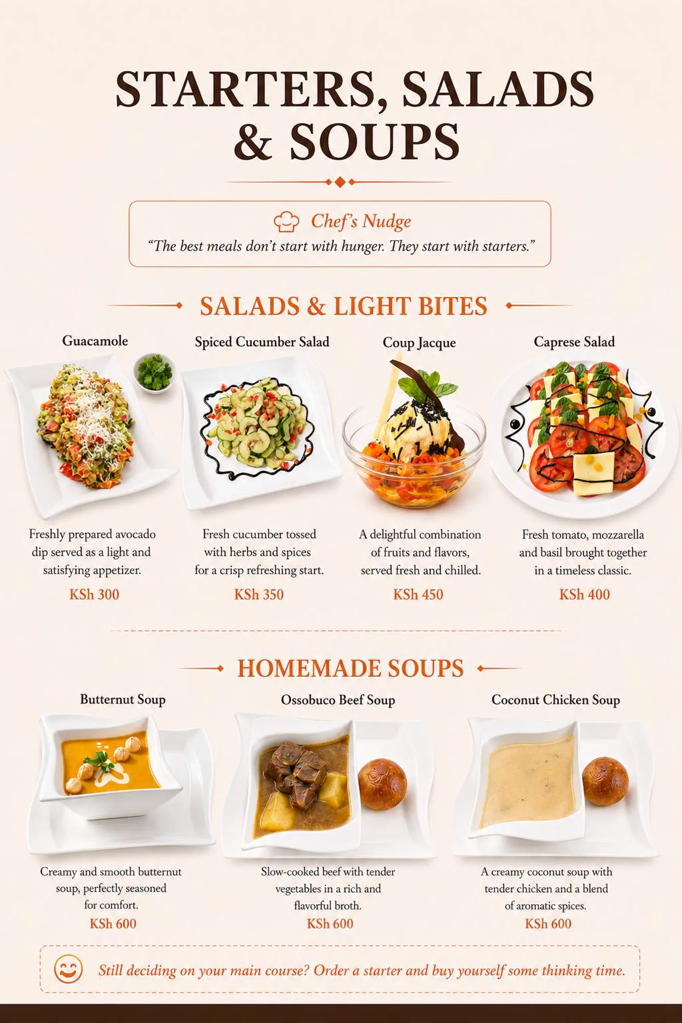 Starters, salads and homemade soups menu page