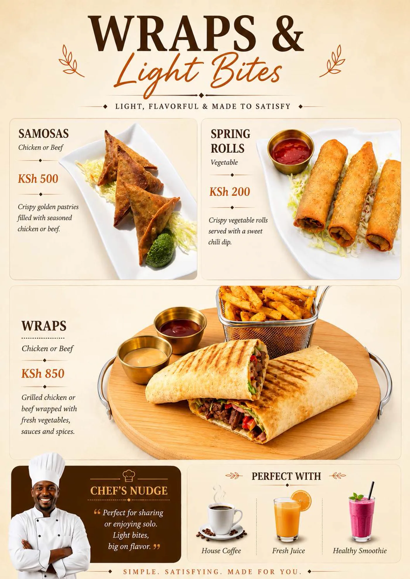 Wraps and light bites page with samosas, spring rolls and grilled wraps