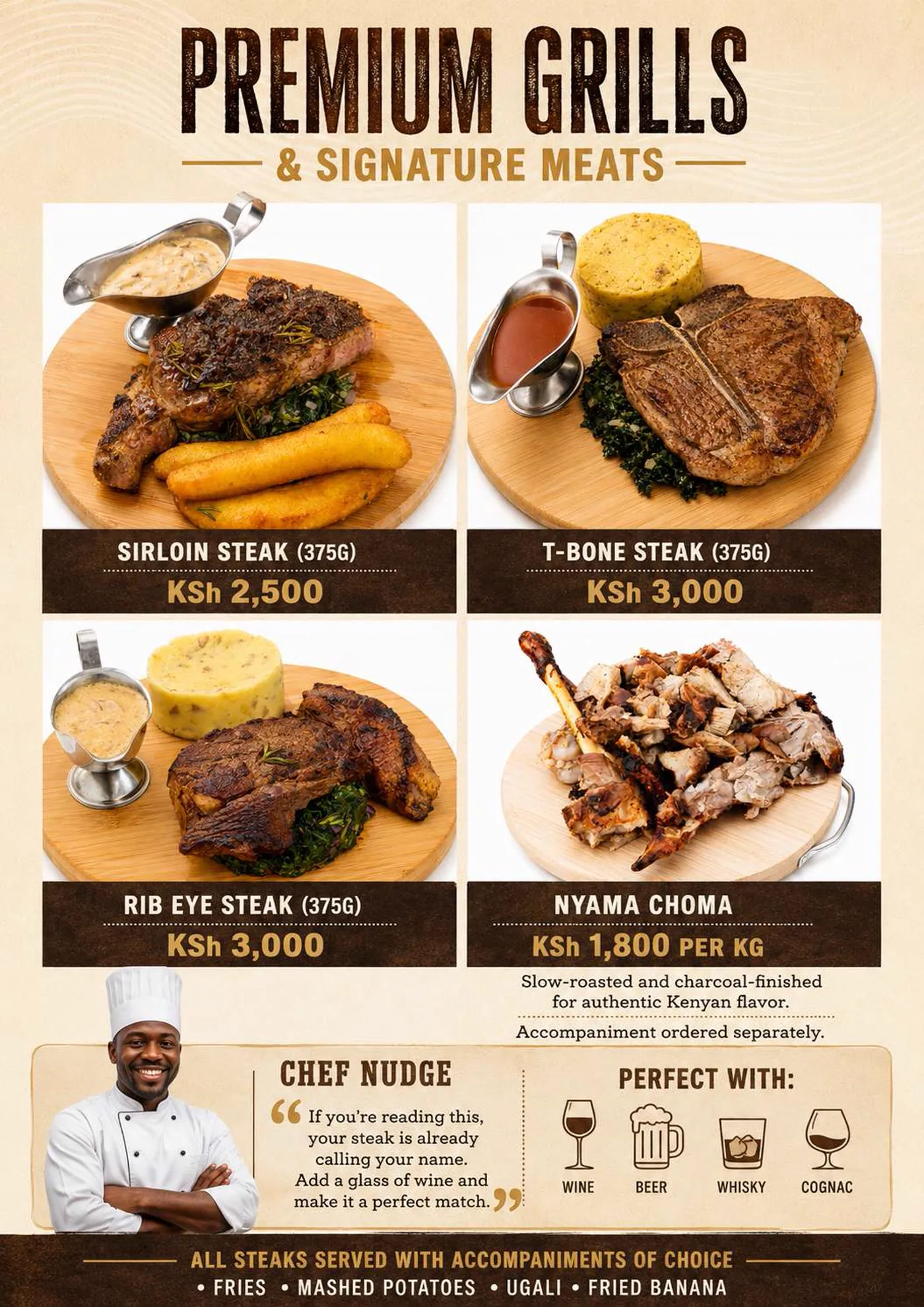 Premium grills page with sirloin, T-bone, rib eye steaks and nyama choma