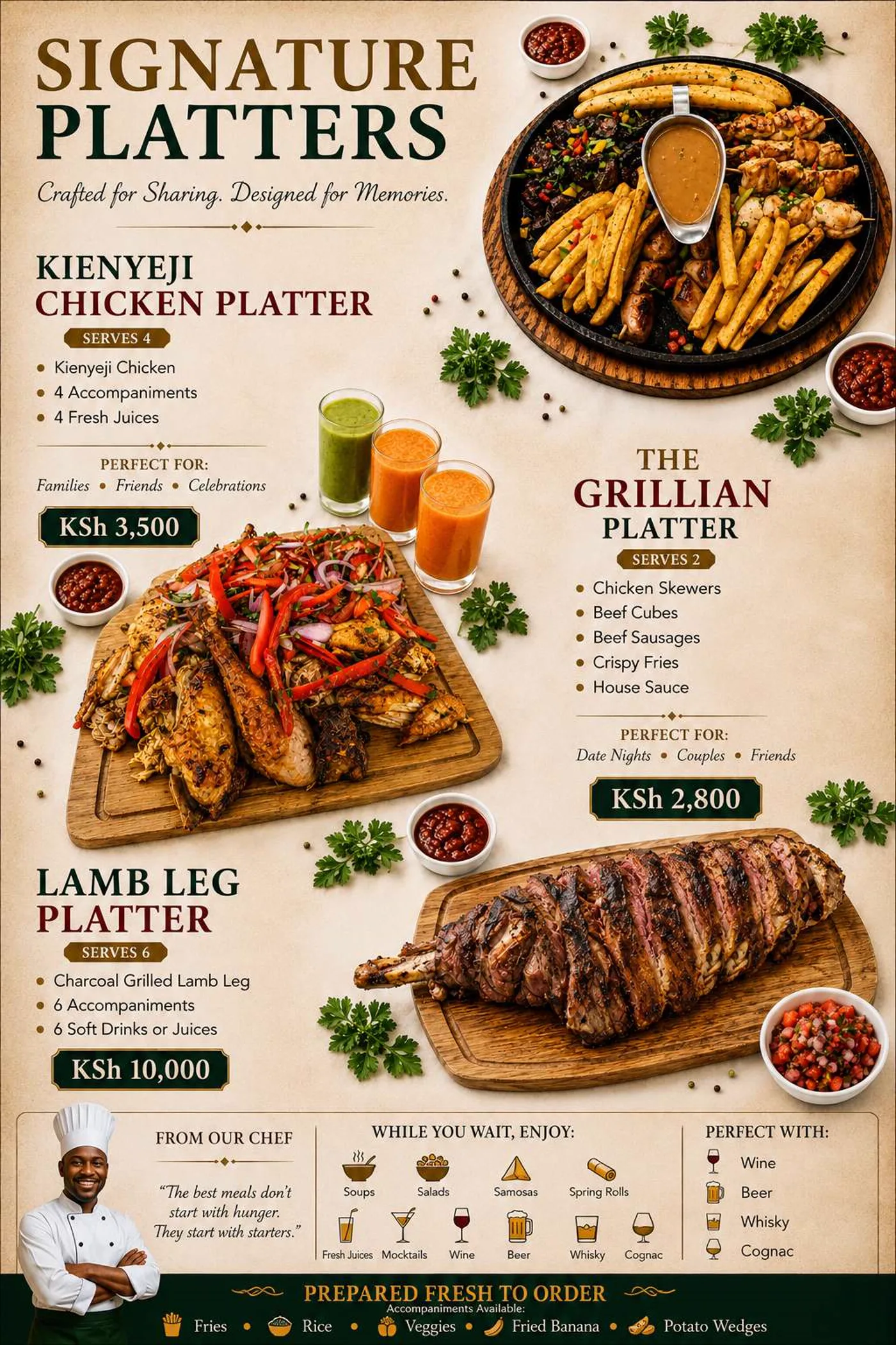 Signature platters page with the Kienyeji chicken platter, Grillian platter and lamb leg platter